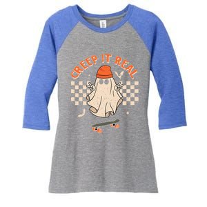 Creep It Real Skateboarding Ghost Retro Halloween Costume Women's Tri-Blend 3/4-Sleeve Raglan Shirt