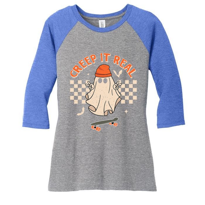 Creep It Real Skateboarding Ghost Retro Halloween Costume Women's Tri-Blend 3/4-Sleeve Raglan Shirt