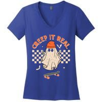 Creep It Real Skateboarding Ghost Retro Halloween Costume Women's V-Neck T-Shirt