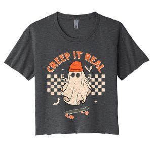 Creep It Real Skateboarding Ghost Retro Halloween Costume Women's Crop Top Tee