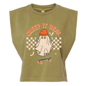 Creep It Real Skateboarding Ghost Retro Halloween Costume Garment-Dyed Women's Muscle Tee