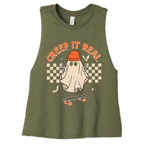 Creep It Real Skateboarding Ghost Retro Halloween Costume Women's Racerback Cropped Tank