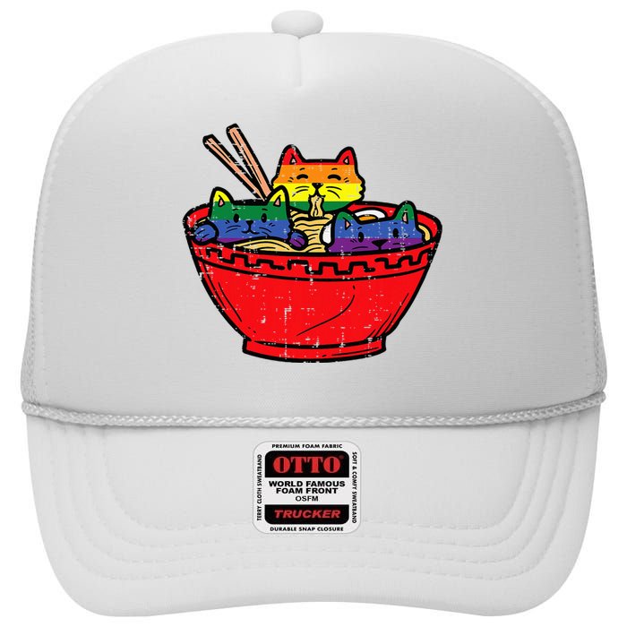 Cats In Ramen Anime Food L.G.B.T.Q Rainbow Flag G.A.Y Pride Ally High Crown Mesh Back Trucker Hat