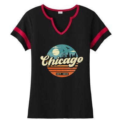 Chicago Illinois Retro Skyline Night Il Souvenirs Ladies Halftime Notch Neck Tee