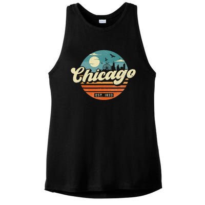 Chicago Illinois Retro Skyline Night Il Souvenirs Ladies PosiCharge Tri-Blend Wicking Tank