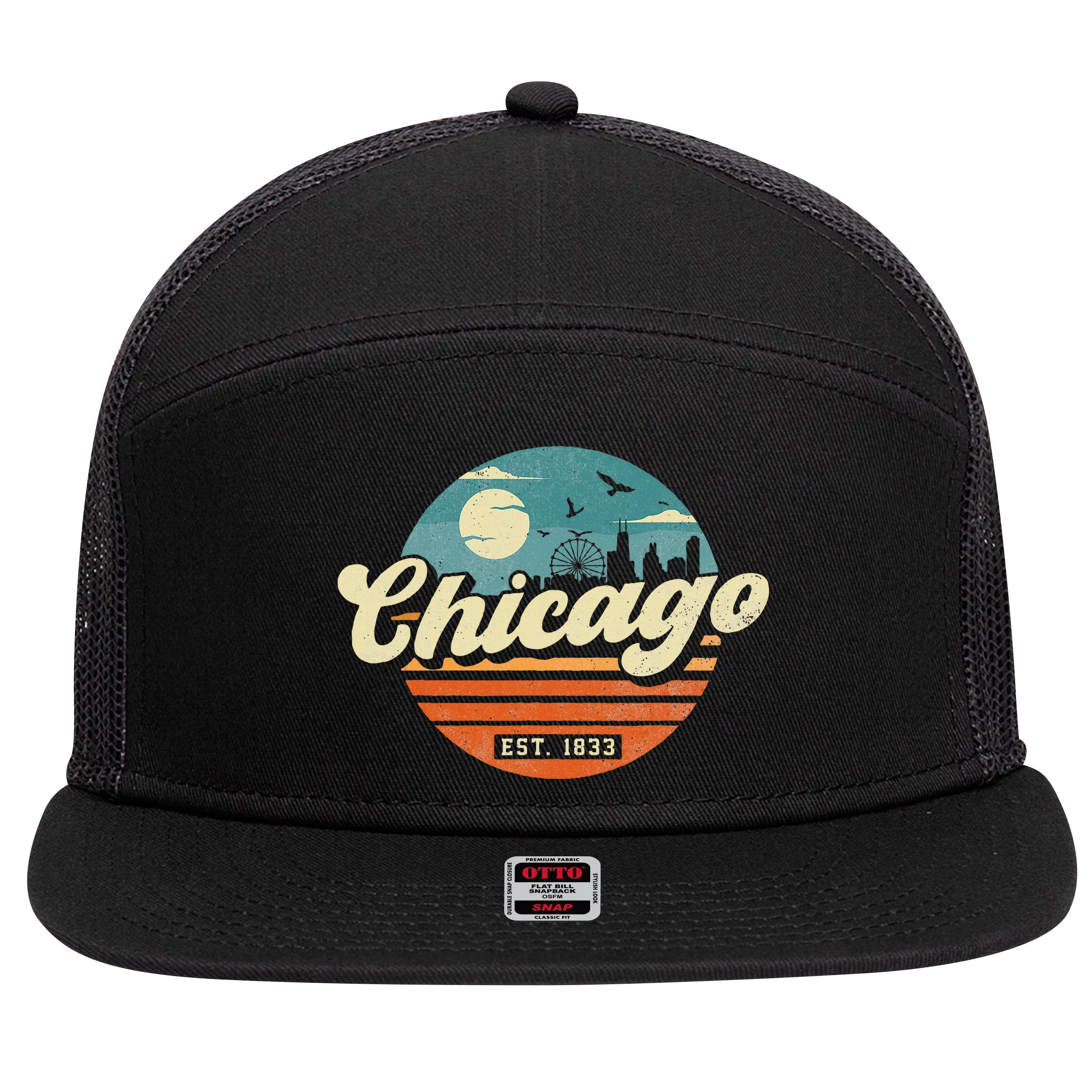 Chicago Illinois Retro Skyline Night Il Souvenirs 7 Panel Mesh Trucker Snapback Hat
