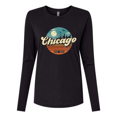 Chicago Illinois Retro Skyline Night Il Souvenirs Womens Cotton Relaxed Long Sleeve T-Shirt