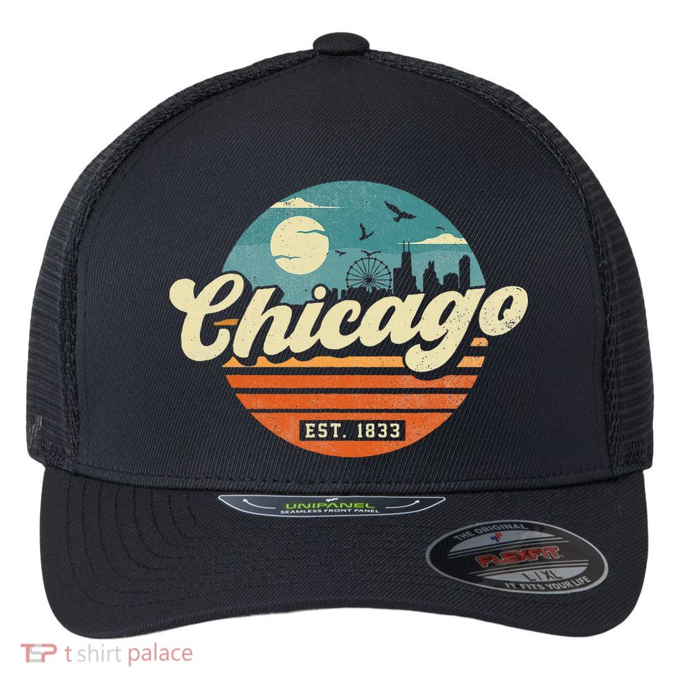 Chicago Illinois Retro Skyline Night Il Souvenirs Flexfit Unipanel Trucker Cap
