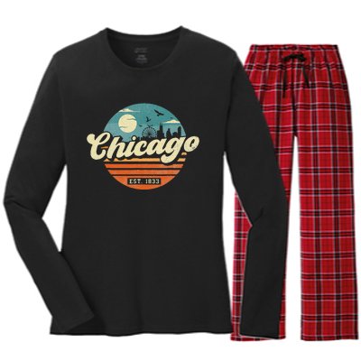 Chicago Illinois Retro Skyline Night Il Souvenirs Women's Long Sleeve Flannel Pajama Set 