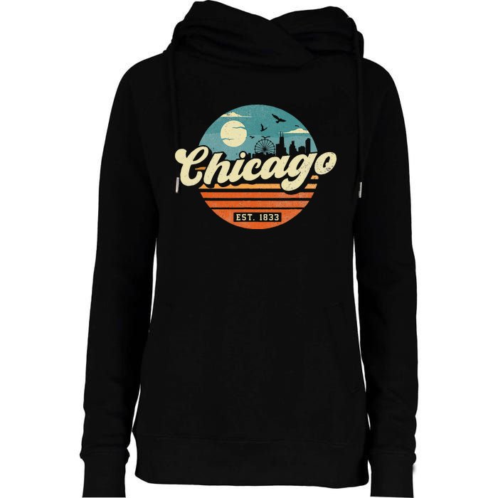 Chicago Illinois Retro Skyline Night Il Souvenirs Womens Funnel Neck Pullover Hood