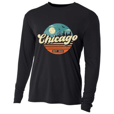 Chicago Illinois Retro Skyline Night Il Souvenirs Cooling Performance Long Sleeve Crew