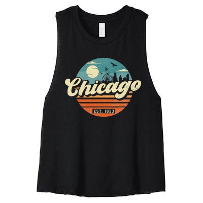 Chicago Illinois Retro Skyline Night Il Souvenirs Women's Racerback Cropped Tank