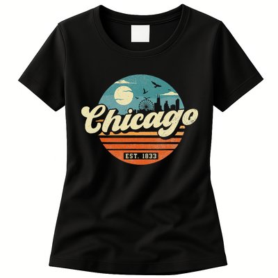 Chicago Illinois Retro Skyline Night Il Souvenirs Womens T-Shirt