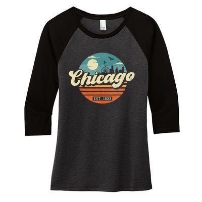 Chicago Illinois Retro Skyline Night Il Souvenirs Women's Tri-Blend 3/4-Sleeve Raglan Shirt