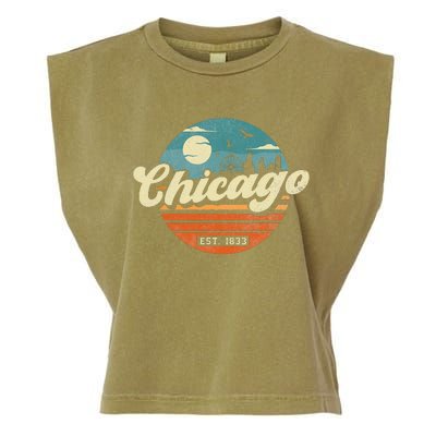 Chicago Illinois Retro Skyline Night Il Souvenirs Garment-Dyed Women's Muscle Tee