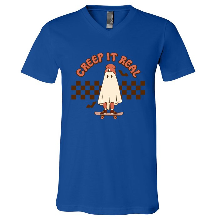 Creep It Real Funny Ghost Halloween Skateboard Cool Gift V-Neck T-Shirt