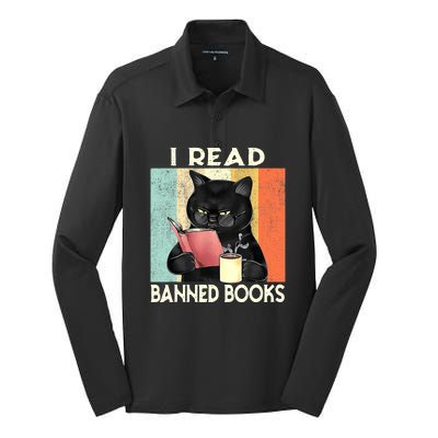 Cat I Read Banned Books Funny Bookworms Reading Book Silk Touch Performance Long Sleeve Polo