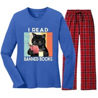 Cat I Read Banned Books Funny Bookworms Reading Book Women's Long Sleeve Flannel Pajama Set 