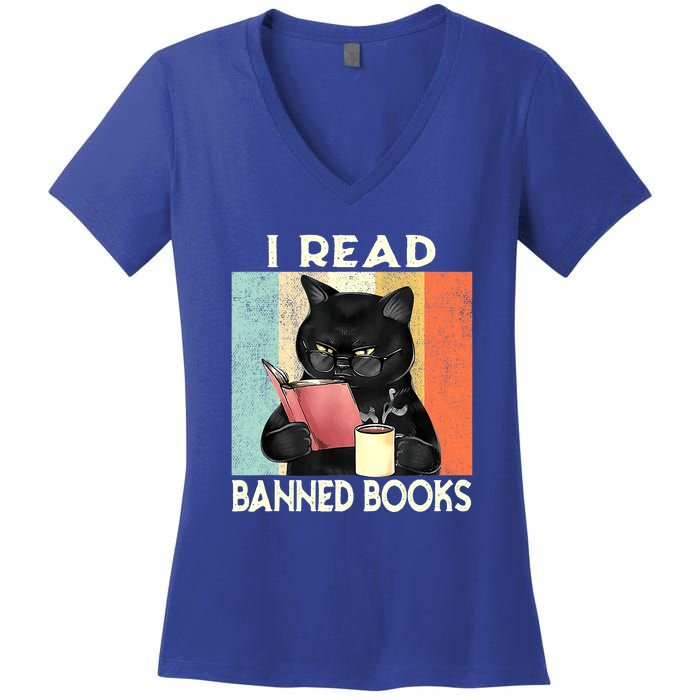 Cat I Read Banned Books Funny Bookworms Reading Book Women's V-Neck T-Shirt