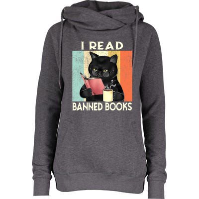 Cat I Read Banned Books Funny Bookworms Reading Book Womens Funnel Neck Pullover Hood