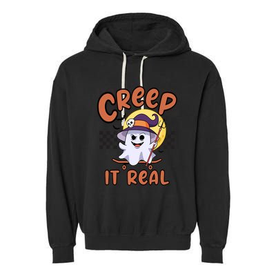Creep It Real Vintage Retro Ghost On Skateboard Checkerboard Gift Garment-Dyed Fleece Hoodie