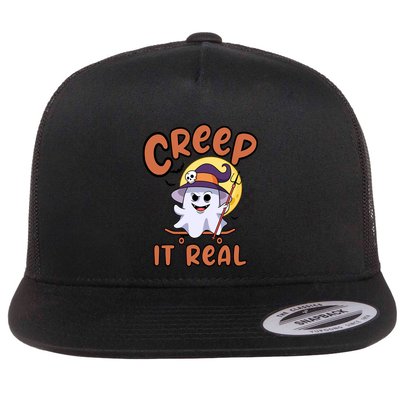 Creep It Real Vintage Retro Ghost On Skateboard Checkerboard Gift Flatbill Hat