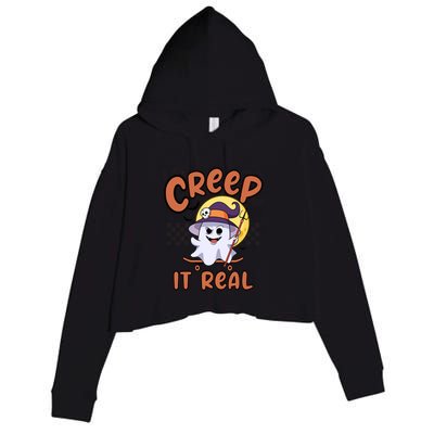 Creep It Real Vintage Retro Ghost On Skateboard Checkerboard Gift Crop Fleece Hoodie