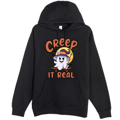 Creep It Real Vintage Retro Ghost On Skateboard Checkerboard Gift Premium Pullover Hoodie