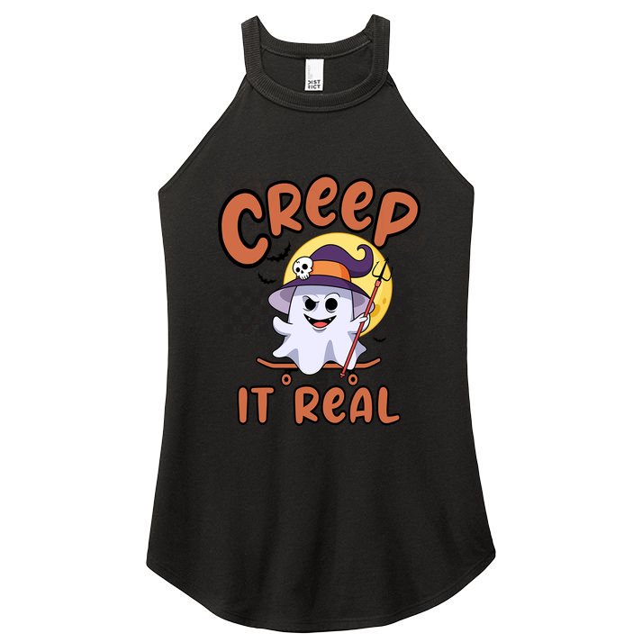 Creep It Real Vintage Retro Ghost On Skateboard Checkerboard Gift Women's Perfect Tri Rocker Tank