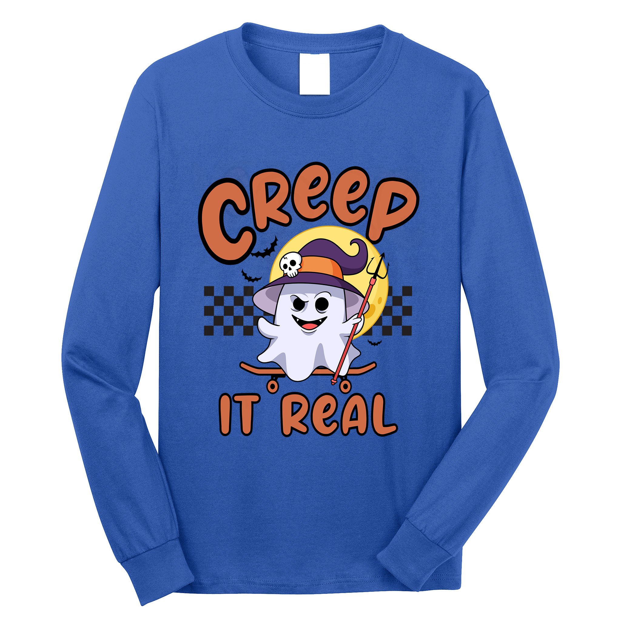 Creep It Real Vintage Retro Ghost On Skateboard Checkerboard Gift Long Sleeve Shirt