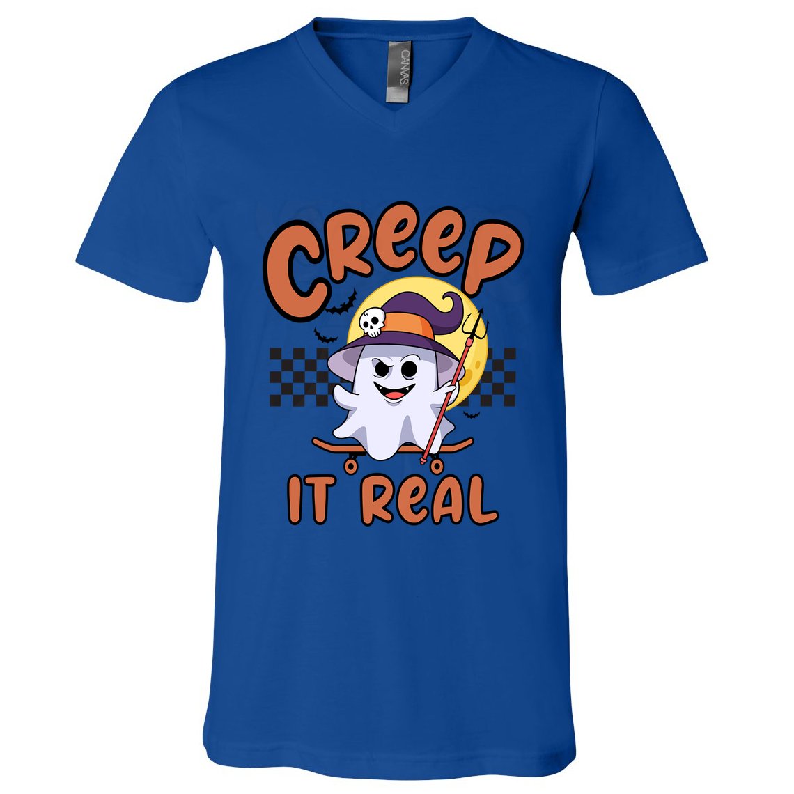 Creep It Real Vintage Retro Ghost On Skateboard Checkerboard Gift V-Neck T-Shirt