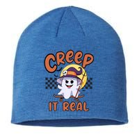 Creep It Real Vintage Retro Ghost On Skateboard Checkerboard Gift Sustainable Beanie