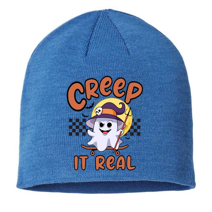 Creep It Real Vintage Retro Ghost On Skateboard Checkerboard Gift Sustainable Beanie