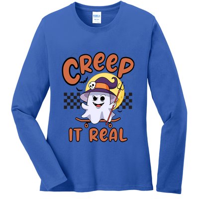 Creep It Real Vintage Retro Ghost On Skateboard Checkerboard Gift Ladies Long Sleeve Shirt