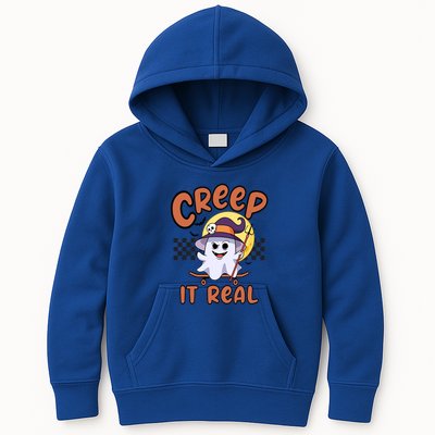 Creep It Real Vintage Retro Ghost On Skateboard Checkerboard Gift Kids Hoodie