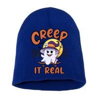 Creep It Real Vintage Retro Ghost On Skateboard Checkerboard Gift Short Acrylic Beanie