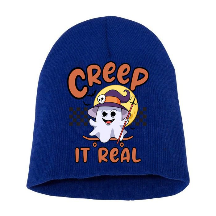 Creep It Real Vintage Retro Ghost On Skateboard Checkerboard Gift Short Acrylic Beanie