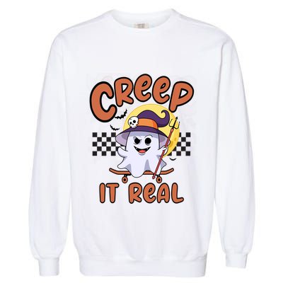 Creep It Real Vintage Retro Ghost On Skateboard Checkerboard Gift Garment-Dyed Sweatshirt