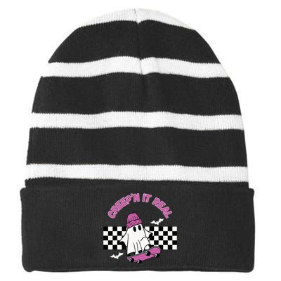 Creep It Real Skateboarding Ghost Halloween Fun Costume Striped Beanie with Solid Band