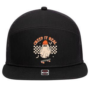 Creep It Real Skateboarding Ghost Retro Halloween Costume 7 Panel Mesh Trucker Snapback Hat