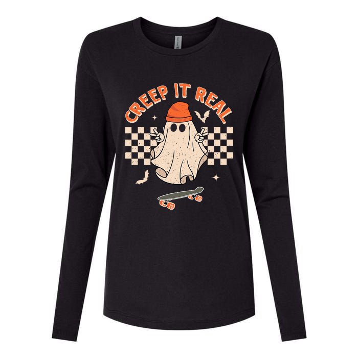 Creep It Real Skateboarding Ghost Retro Halloween Costume Womens Cotton Relaxed Long Sleeve T-Shirt