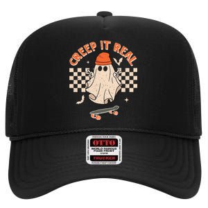 Creep It Real Skateboarding Ghost Retro Halloween Costume High Crown Mesh Back Trucker Hat