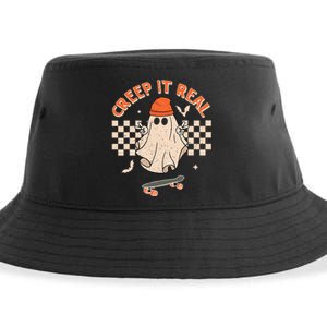 Creep It Real Skateboarding Ghost Retro Halloween Costume Sustainable Bucket Hat