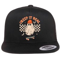 Creep It Real Skateboarding Ghost Retro Halloween Costume Flat Bill Trucker Hat