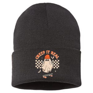 Creep It Real Skateboarding Ghost Retro Halloween Costume Sustainable Knit Beanie