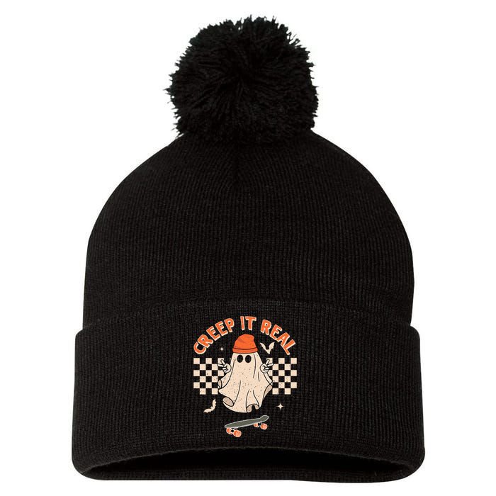 Creep It Real Skateboarding Ghost Retro Halloween Costume Pom Pom 12in Knit Beanie