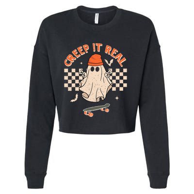 Creep It Real Skateboarding Ghost Retro Halloween Costume Cropped Pullover Crew