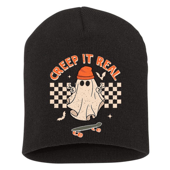 Creep It Real Skateboarding Ghost Retro Halloween Costume Short Acrylic Beanie