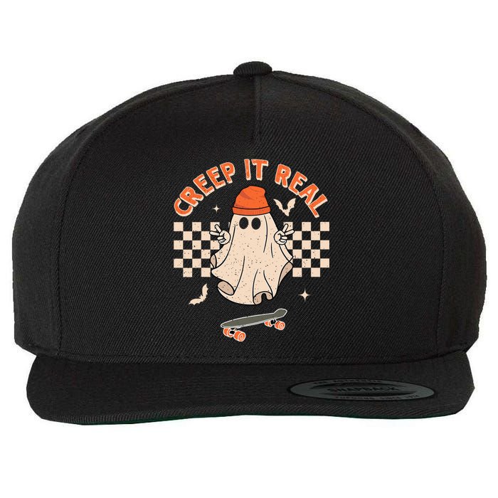 Creep It Real Skateboarding Ghost Retro Halloween Costume Wool Snapback Cap