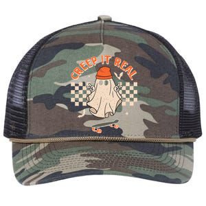 Creep It Real Skateboarding Ghost Retro Halloween Costume Retro Rope Trucker Hat Cap